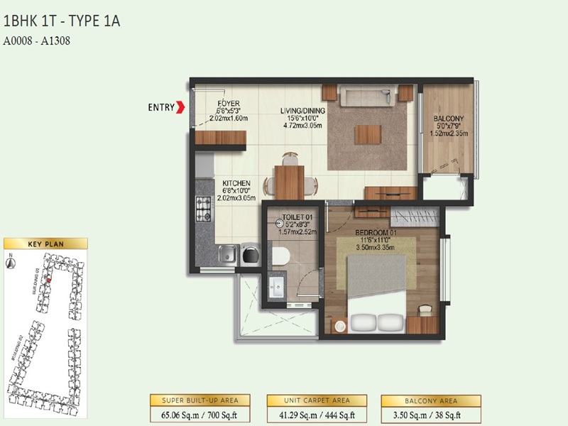 Brigade Eternia 1 BHK 700 Sq Ft Floor Plan