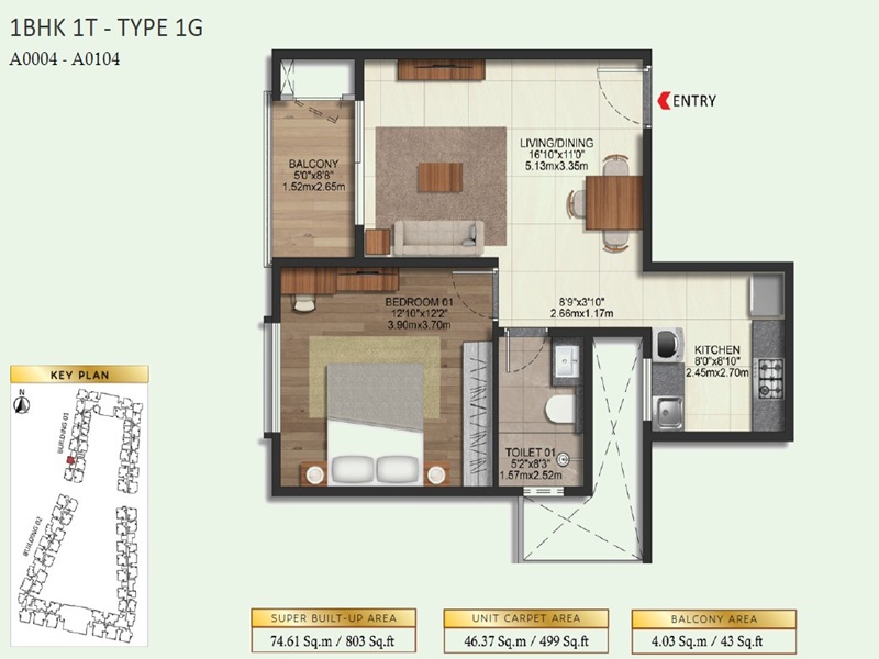 Brigade Eternia 1 BHK 803 Sq Ft Floor Plan