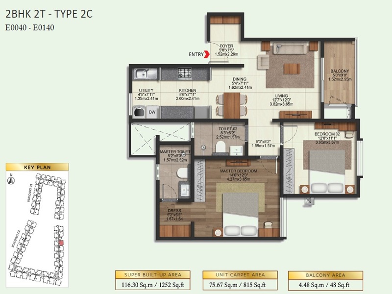 Brigade Eternia 2 BHK 1252 Sq Ft Floor Plan