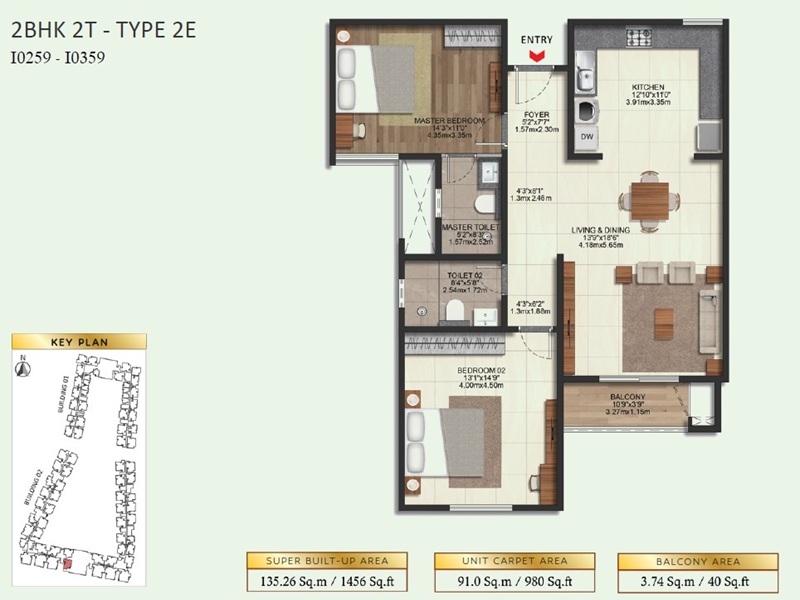 Brigade Eternia 2 BHK 1456 Sq Ft Floor Plan