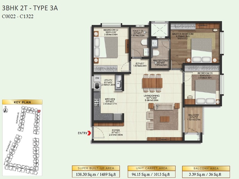 Brigade Eternia 3 BHK 1489 Sq Ft Floor Plan