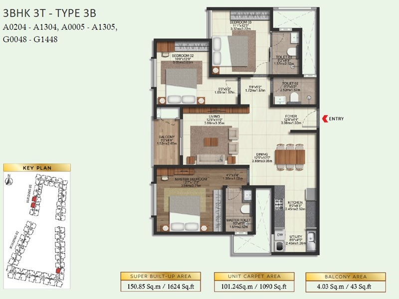 Brigade Eternia 3 BHK 1624 Sq Ft Floor Plan