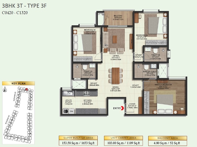 Brigade Eternia 3 BHK 1653 Sq Ft Floor Plan