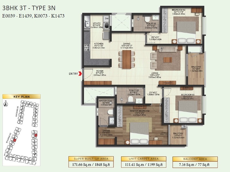 Brigade Eternia 3 BHK 1848 Sq Ft Floor Plan