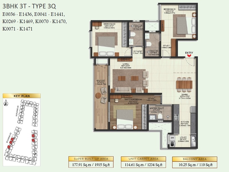 Brigade Eternia 3 BHK 1915 Sq Ft Floor Plan