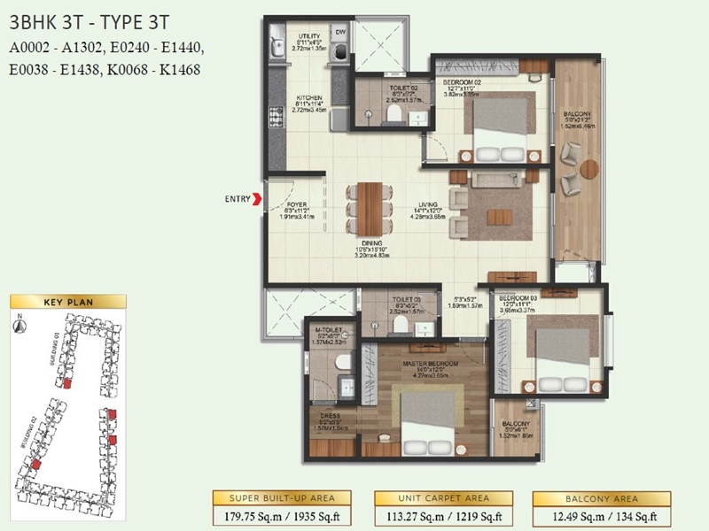 Brigade Eternia 3 BHK 1935 Sq Ft Floor Plan