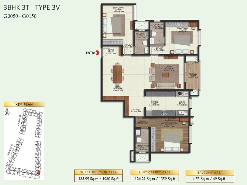 Brigade Eternia 3 BHK 1980 Sq Ft Floor Plan
